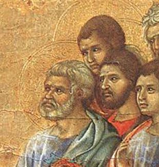 Duccio di Buoninsegna, detalhe dos discípulos em "A aparição de Cristo".