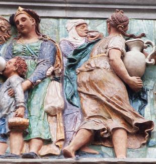 Detalhe do friso de terracota vitrificada na fachada do antigo Hospital do Ceppo em Pistoia, que narra as obras de Misericórdia Corporal (1526-1529)