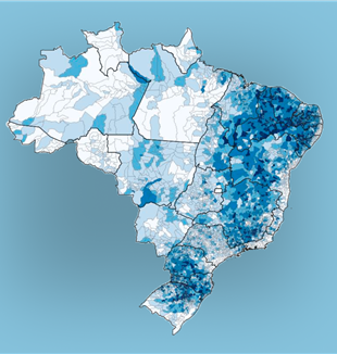 Mapa da proporção da população de 10 anos ou mais de idade de religião declarada Católica Apostólica Romana, por município em 2022 (© IBGE)